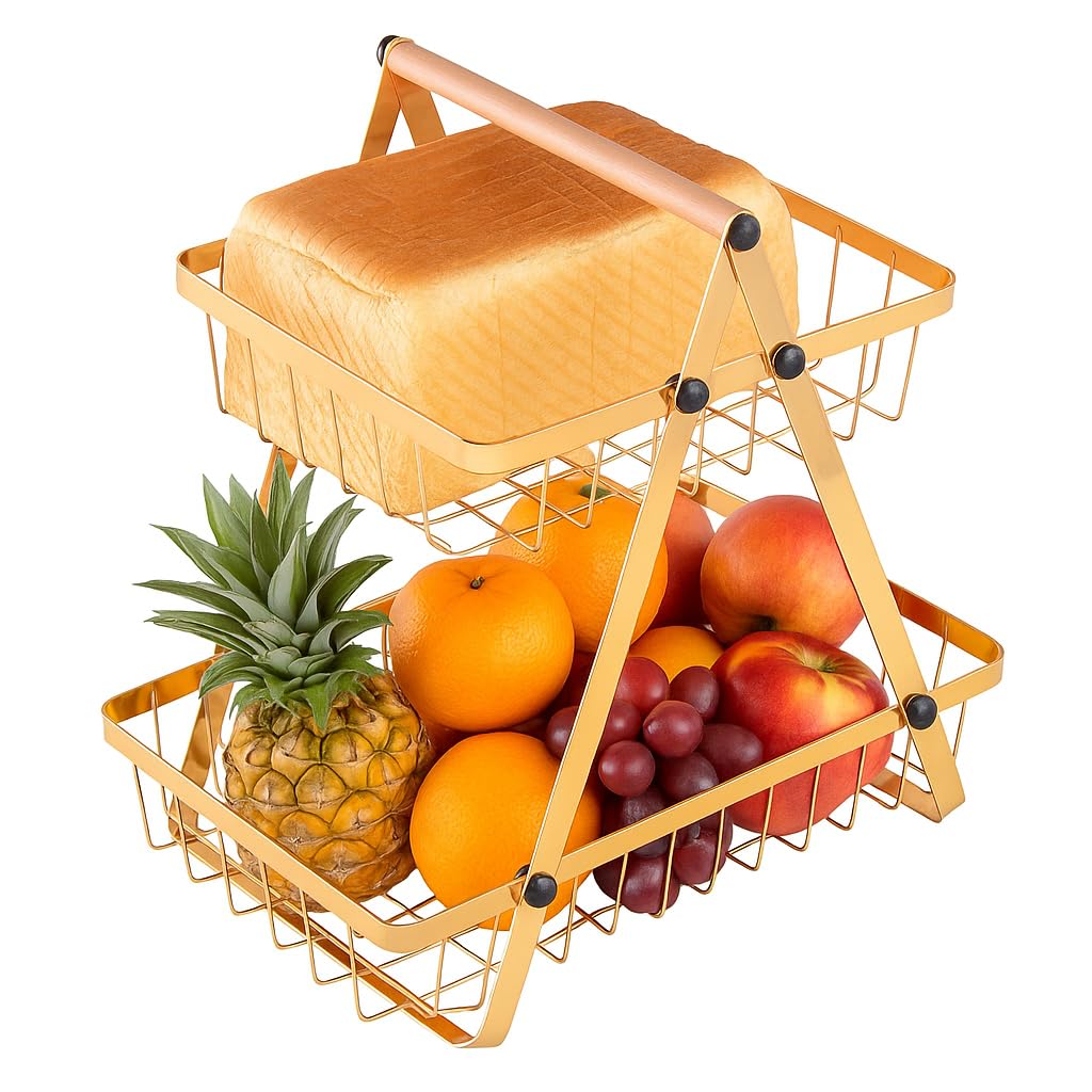 Kiwilon Fruit Basket For Dining Table And Kitchen I Multipurpose Electroplated Metal Hamper Fruit Basket I Hamper Basket For Gifting (Gold-2T-BambooHandle)