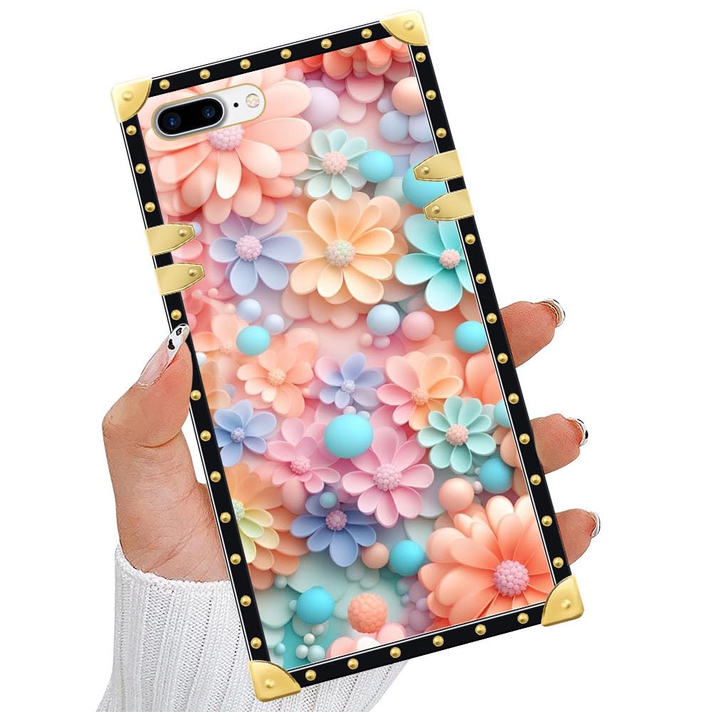TAMEFOX Case Compatible with iPhone 7/8 Plus(5.5 in),Candy Flowers Gold Luxury Soft TPU Hard PC Back Shockproof Protective Cover Case for iPhone 7