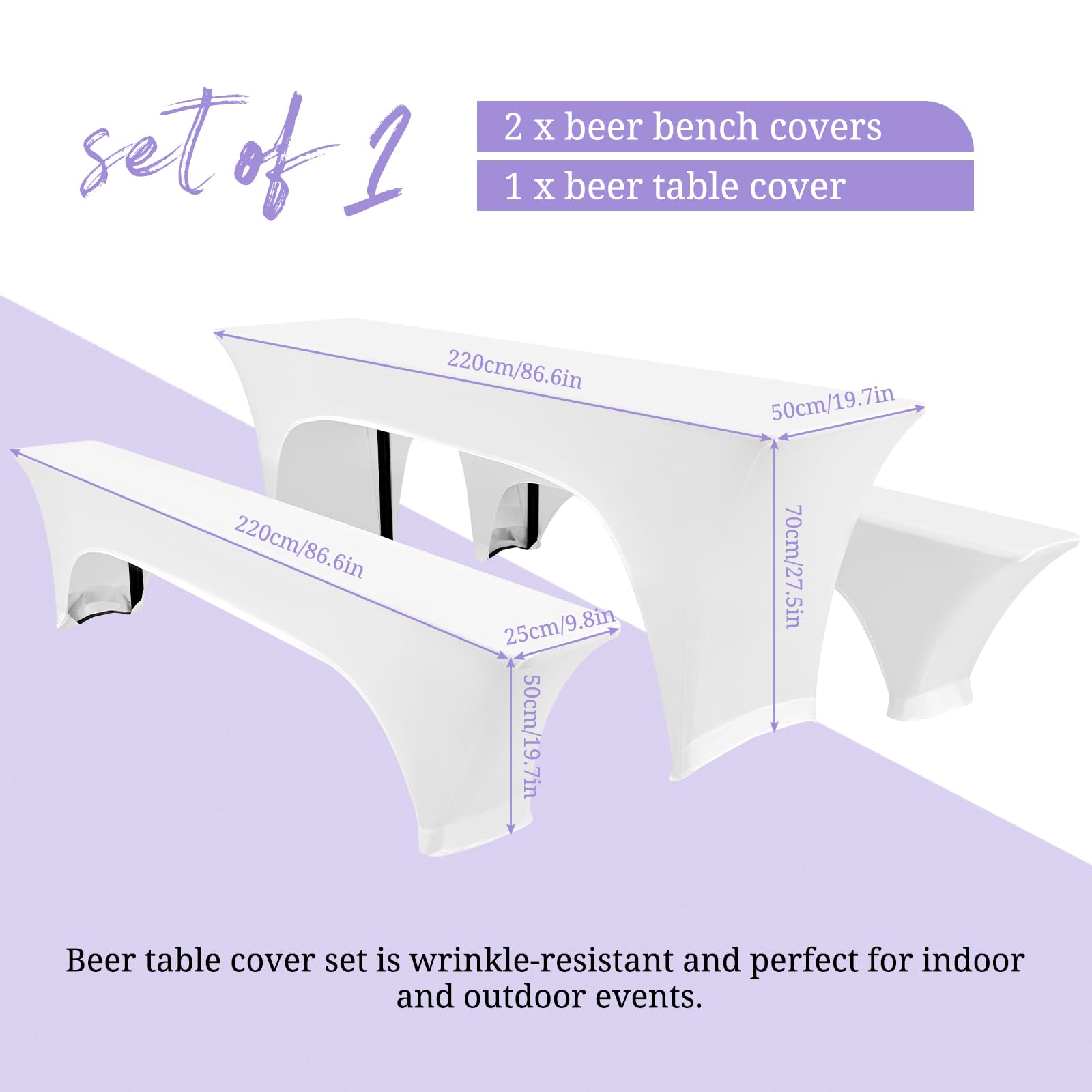 Showgeous 3 Stück weiße Biertischhussen Stretch-Biertisch- und Hockerhussen-Set für 50 cm Tischbreite Bierzelt-Set 220 x 50 x 80 cm für Bankett-Gartenmöbel im Freien