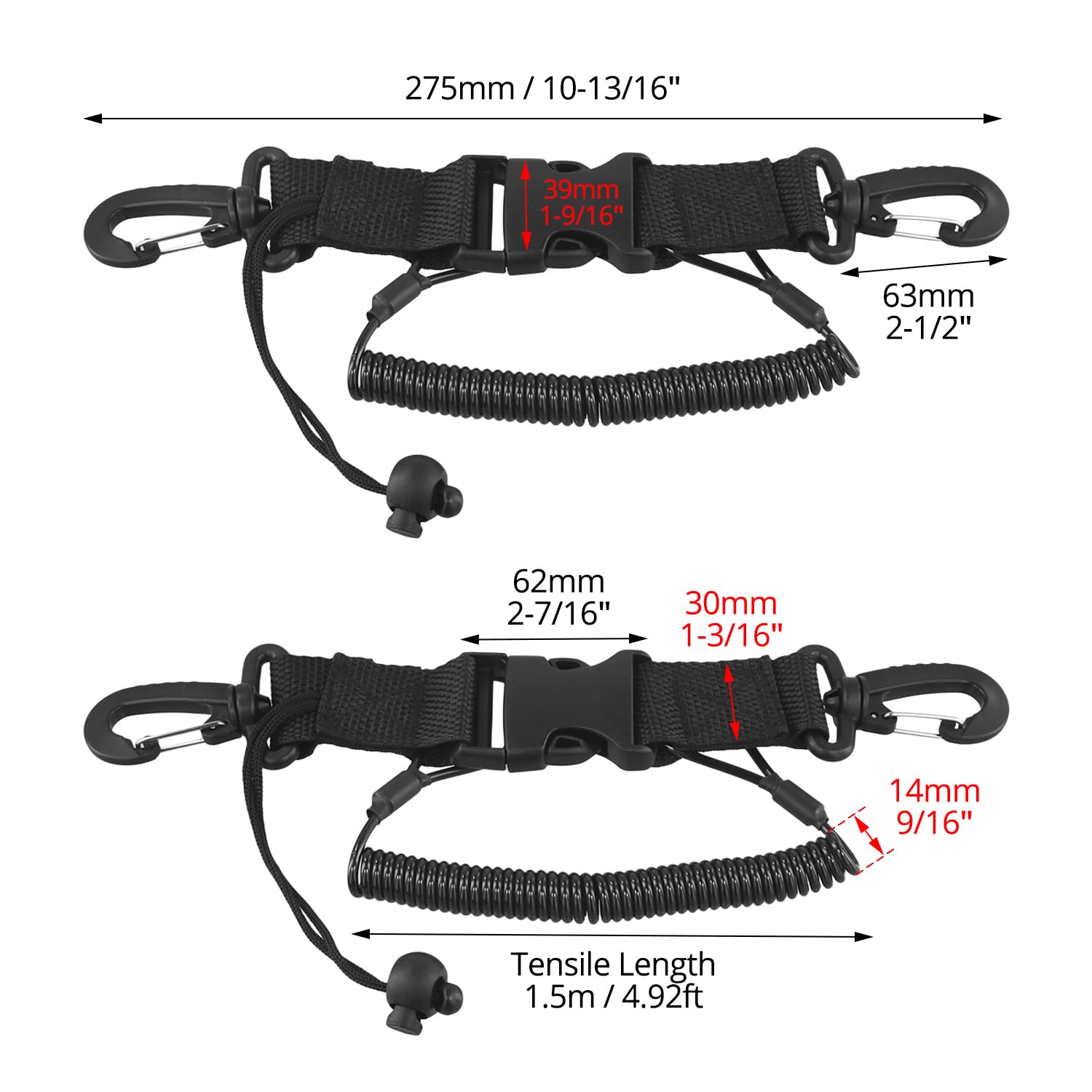 QWORK® Set 2pz Cordino da Immersione con Clip di Sgancio Rapido - Cordino Spirale per Attrezzatura Subacquea, Fotocamere, Torce e Strumenti, Nero