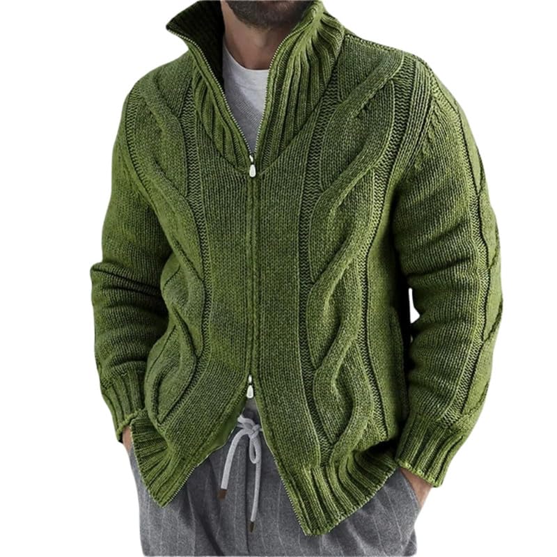 Men's Cable Knit Cardigan Sweater with Button Closure and Pockets for Autumn and Winter | Dark Green | L-image-23