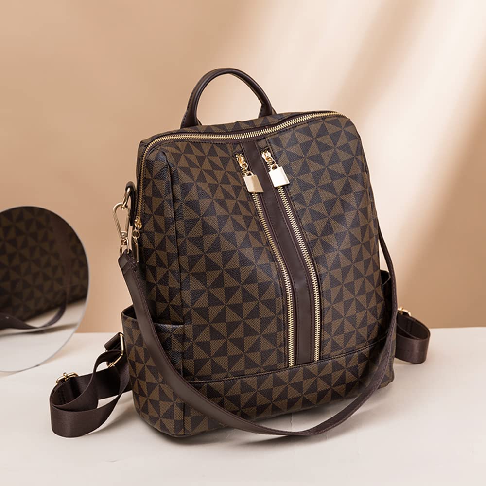 Sac à Dos PU Cuir Feminin Fille avec Portefeuille, Porté Dos Sac à Bandoulière Élégante Motif Losange à la Mode, Sac d'école Léger Multipocket Grande Capacité, Chic Sac pour Bureaux L'école et Voyage