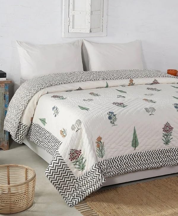 BLOCKS OF JAIPUR Original Pure Cotton Jaipuri Razai Hand Block Multi Flower Print Reversible Comforter Lightweight AC Quilt Summer and Winter Bedding | Throw Bed Blanket (Double Bed 90X108 in)