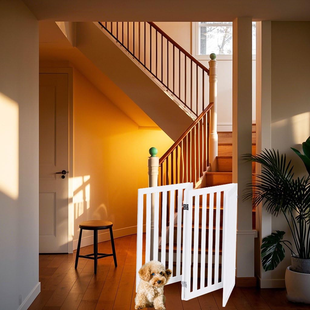SOARS Barrera para perros, plegable y independiente, rejilla protectora para puertas y escaleras, para mascotas pequeñas y medianas, color blanco (203 x 89 cm)