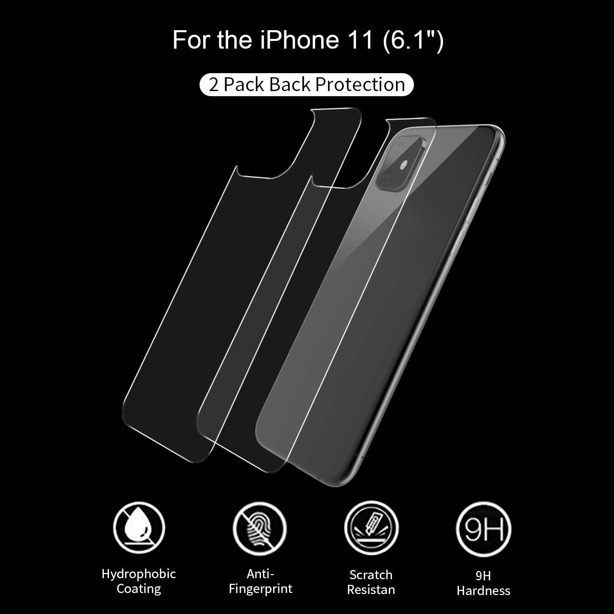 Conleke [2-Pack Back Screen Protector for iPhone 11, Rear Tempered Glass [3D Touch] Temper Glass Film Anti-Fingerprint/Scratch Compatible with iPhone11 (2 Back,6.1in,2019)