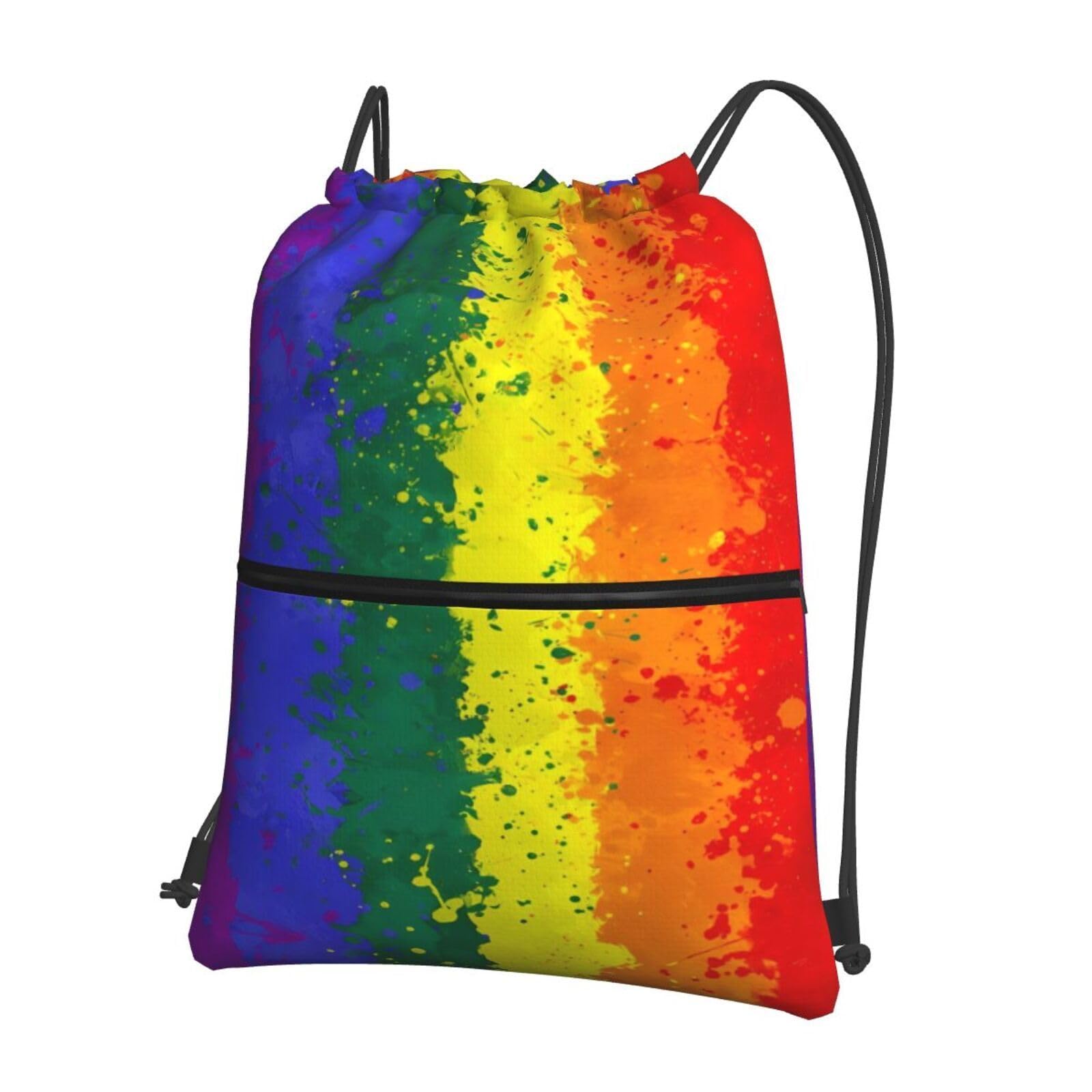 GardEssere Rainbow LGBT Gay Pride Drawstring Bags Drawstring Gym Bag Waterproof Drawstring Backpack with Zipper Pocket for Kids Adults Beach Swimming Pool School Bag