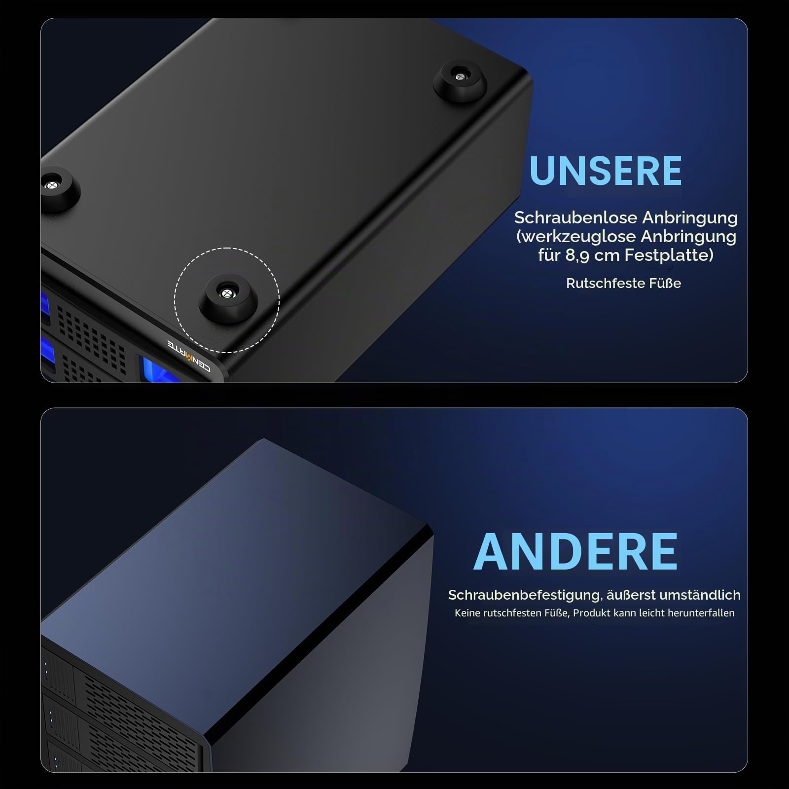 Festplattengehäuse, CENMATE 10Gbps Aluminium Dual Bay Gehäuse mit Kühllüfter für 2.5/3.5 SATA HDD/SSD mit USB A/C 3.2 Kabel, unterstützt Hot Swappable, werkzeugfrei HDD Gehäuse, DAS(NO RAID/NAS)