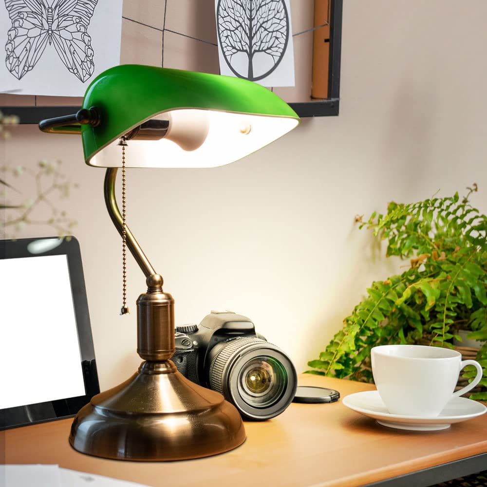 Bankerlampe Glas verstellbar LED Tischleuchte Retro grün Schreibtischleuchte Zugschalter, Metall, 3,7W 320lm warmweiß, LxBxH 26x18x36 cm