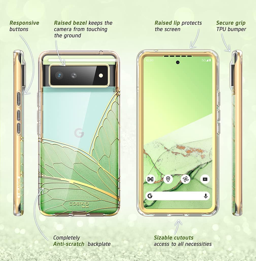 i-Blason Cosmo Series Case for Google Pixel 6 (2021), Slim Full-Body Stylish Protective Case Without Built-in Screen Protector (GreenFly)