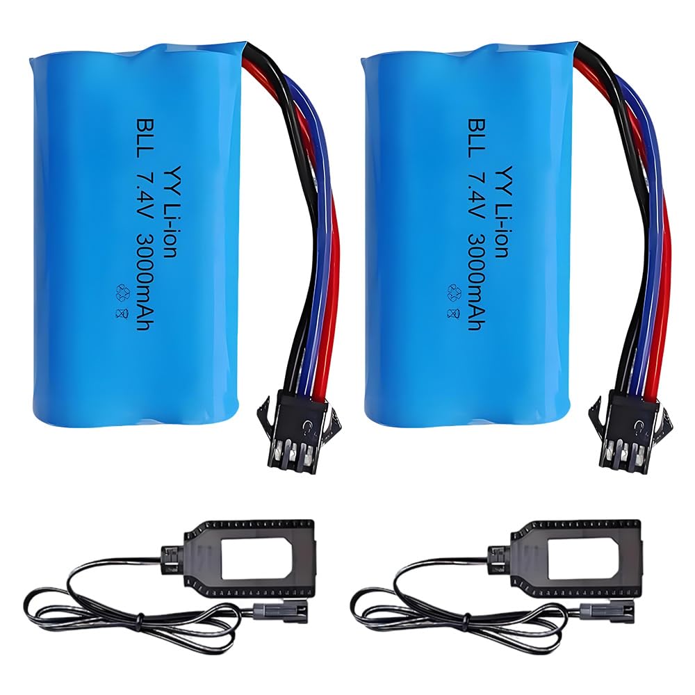 Lot de 2 Batteries Li-ION Rechargeables 7.4 V 3000 mAh avec Fiche SM-3P et Chargeur, Batterie au Lithium pour Véhicules Télécommandés, Chars, Cascadeurs et Robots
