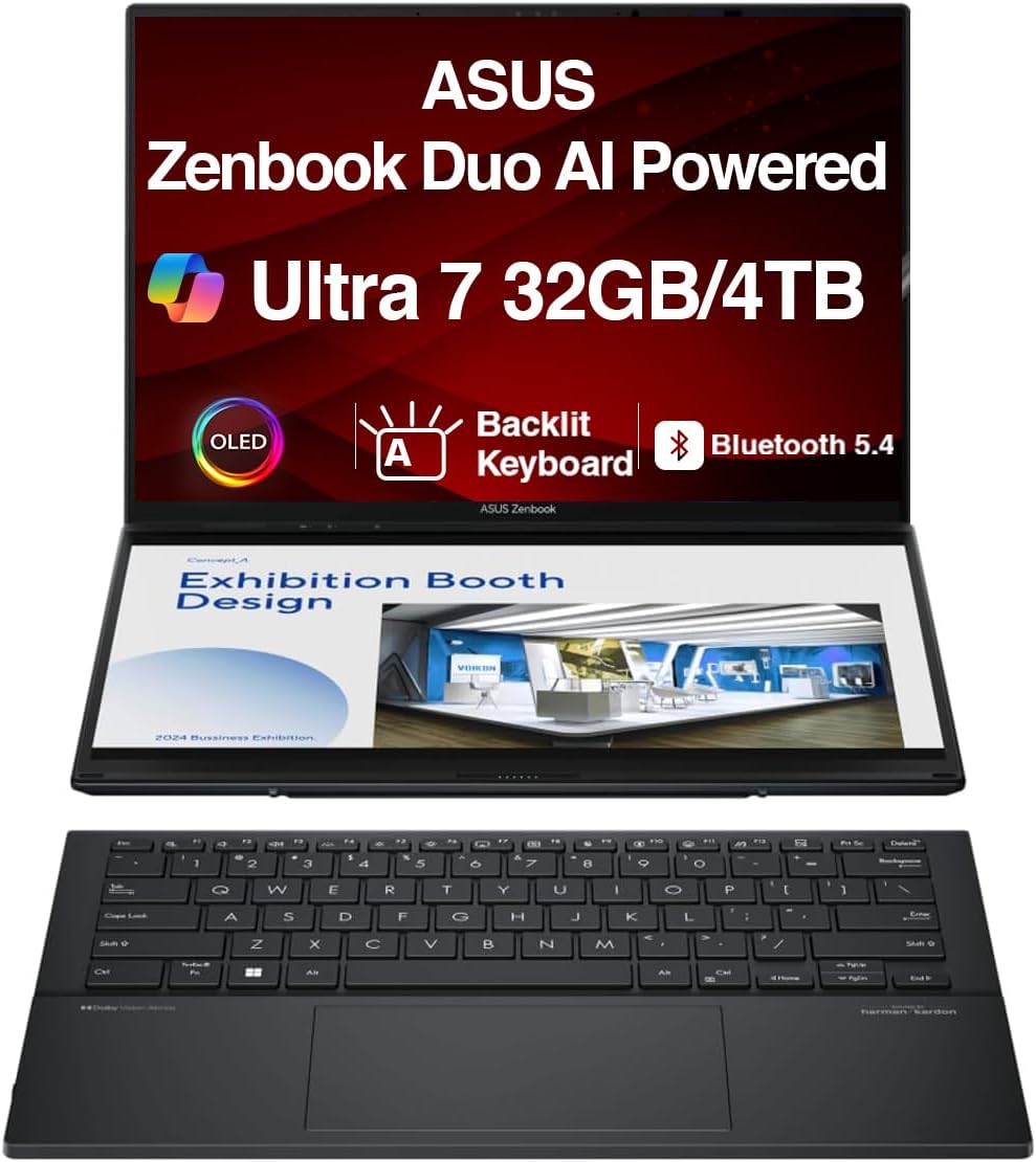 ASUS Zenbook Duo AI Powered 2-in-1 Laptop 14.0" Touchscreen OLED 2.8K Display (Intel Ultra 7-255H, 32GB LPDDR5X, 4TB PCIe SSD, Backlit KB, 2 Thunderbolt 4, WiFi 7, Win 11 Pro) w/DKZ USB Port Expander