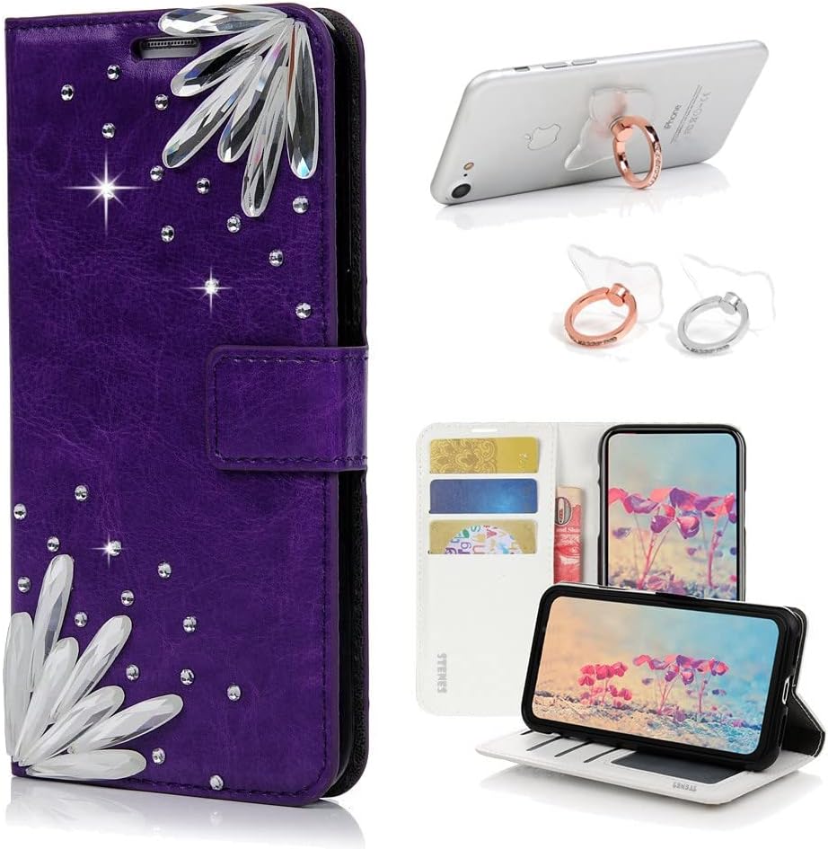 STENES Bling Wallet Phone Case Compatible with OnePlus Nord N10 5G Case - Stylish - 3D Handmade Pretty Stones Design Leather Cover with Ring Stand Holder [2 Pack] - Purple
