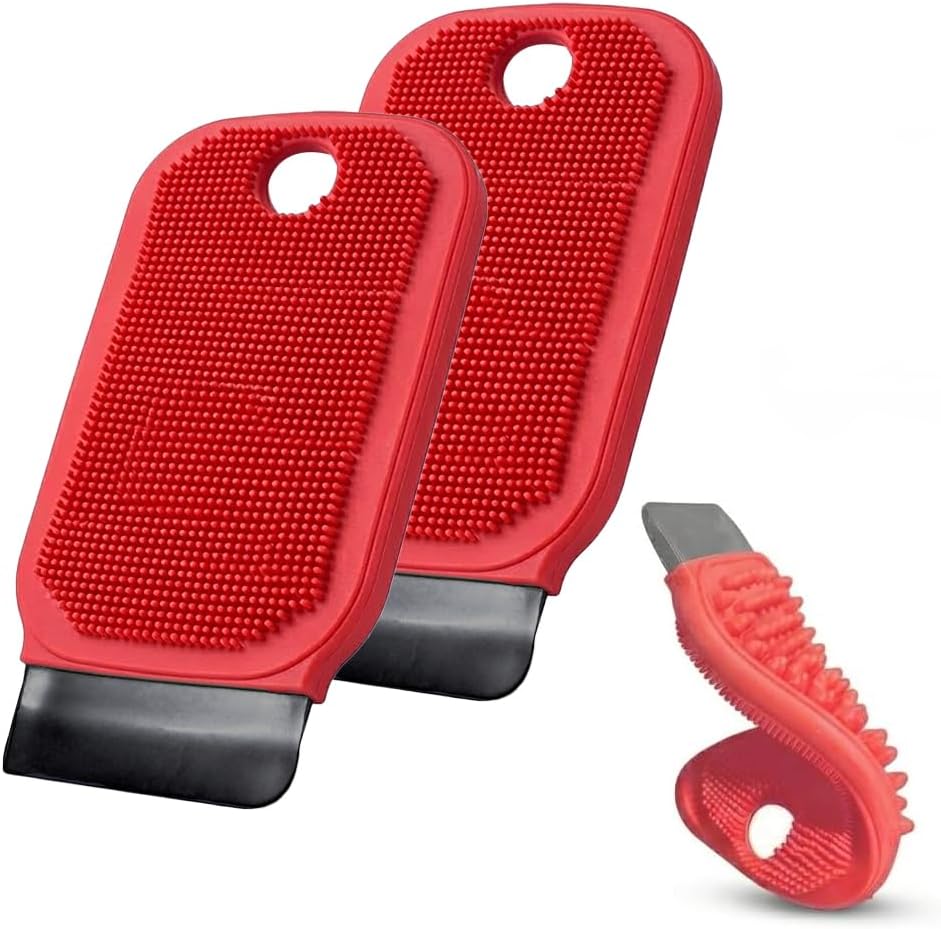3-in-1 Silicone Dish Sponge - BPA-Free Food-Grade Cleaning Brush with Dual-Sided Scrubber & Scraper, Hanging Hole Fast-Dry Reusable for Dishes/Fruits/Vegetables (Red 2PCS)