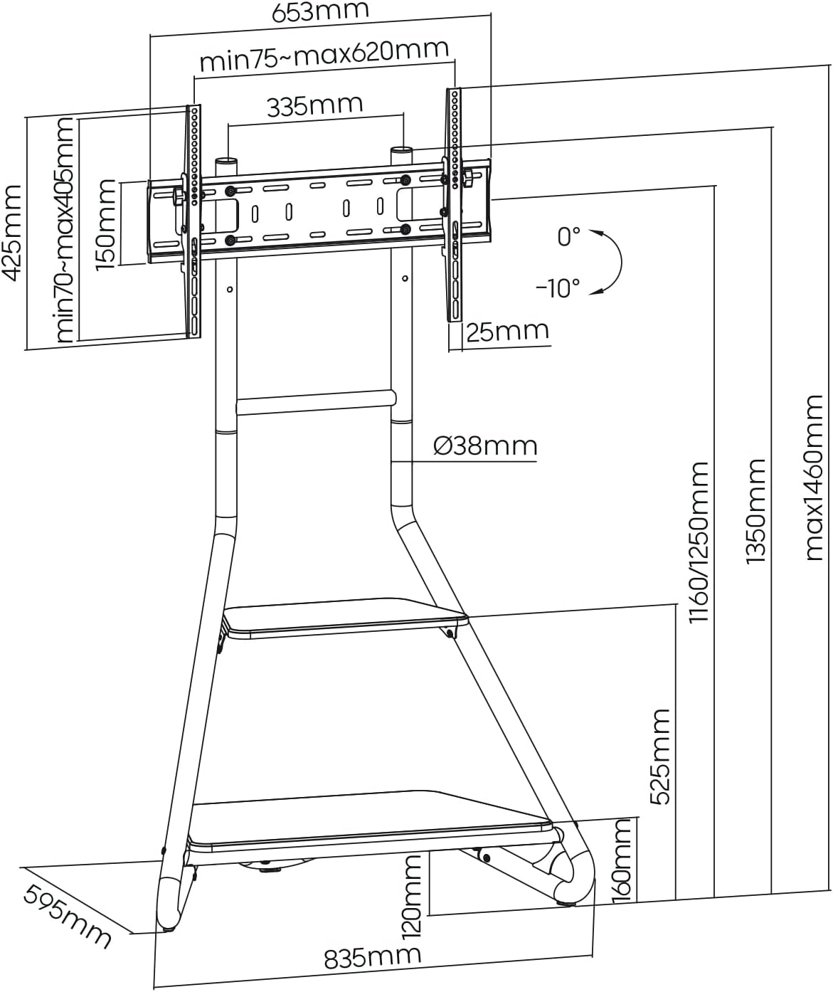 Technical diagram of the Maclean MC-455 TV stand with detailed dimensions and VESA compatibility.