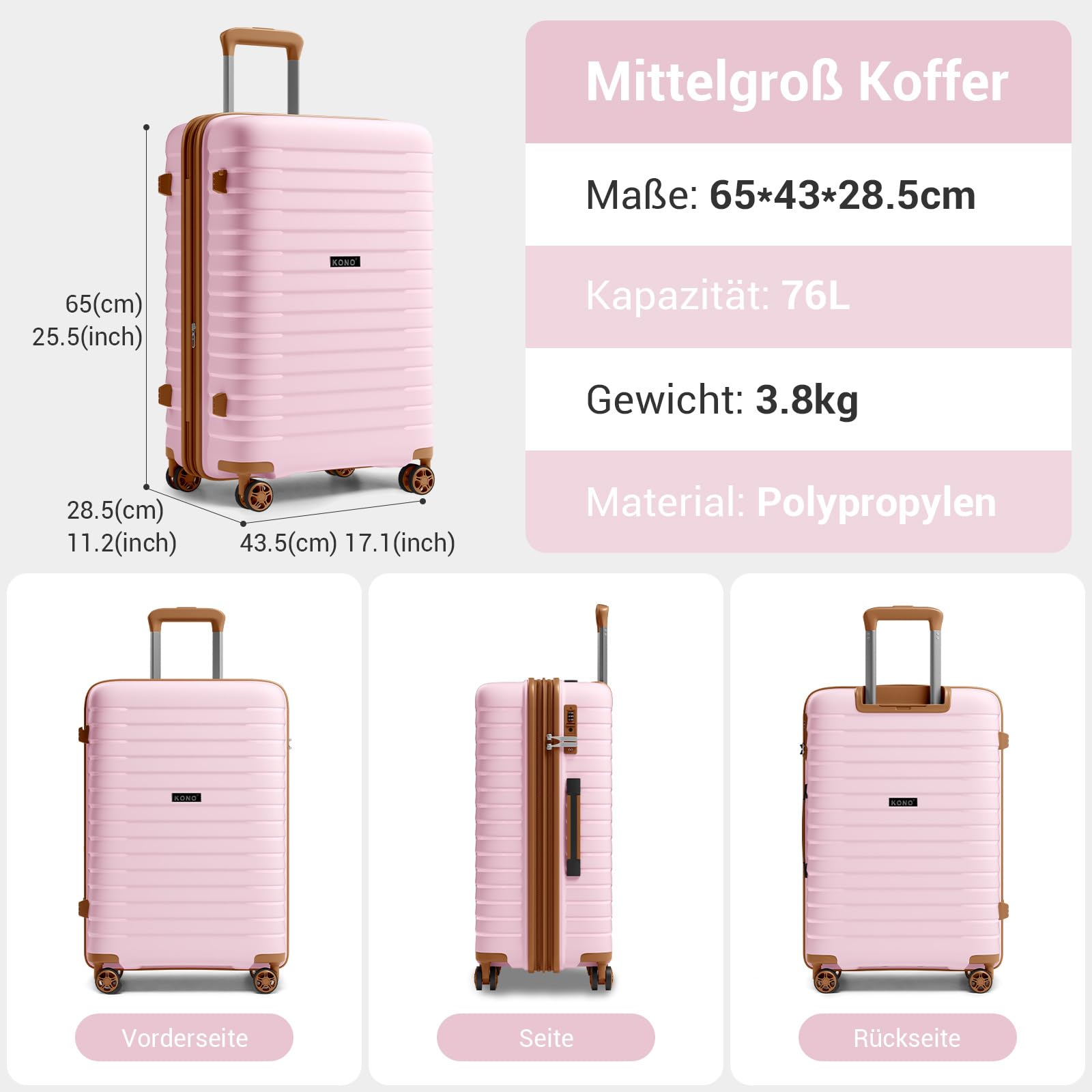 KONO Mittelgroßer Koffer Leicht PP Hartschale Trolley mit TSA Schloss