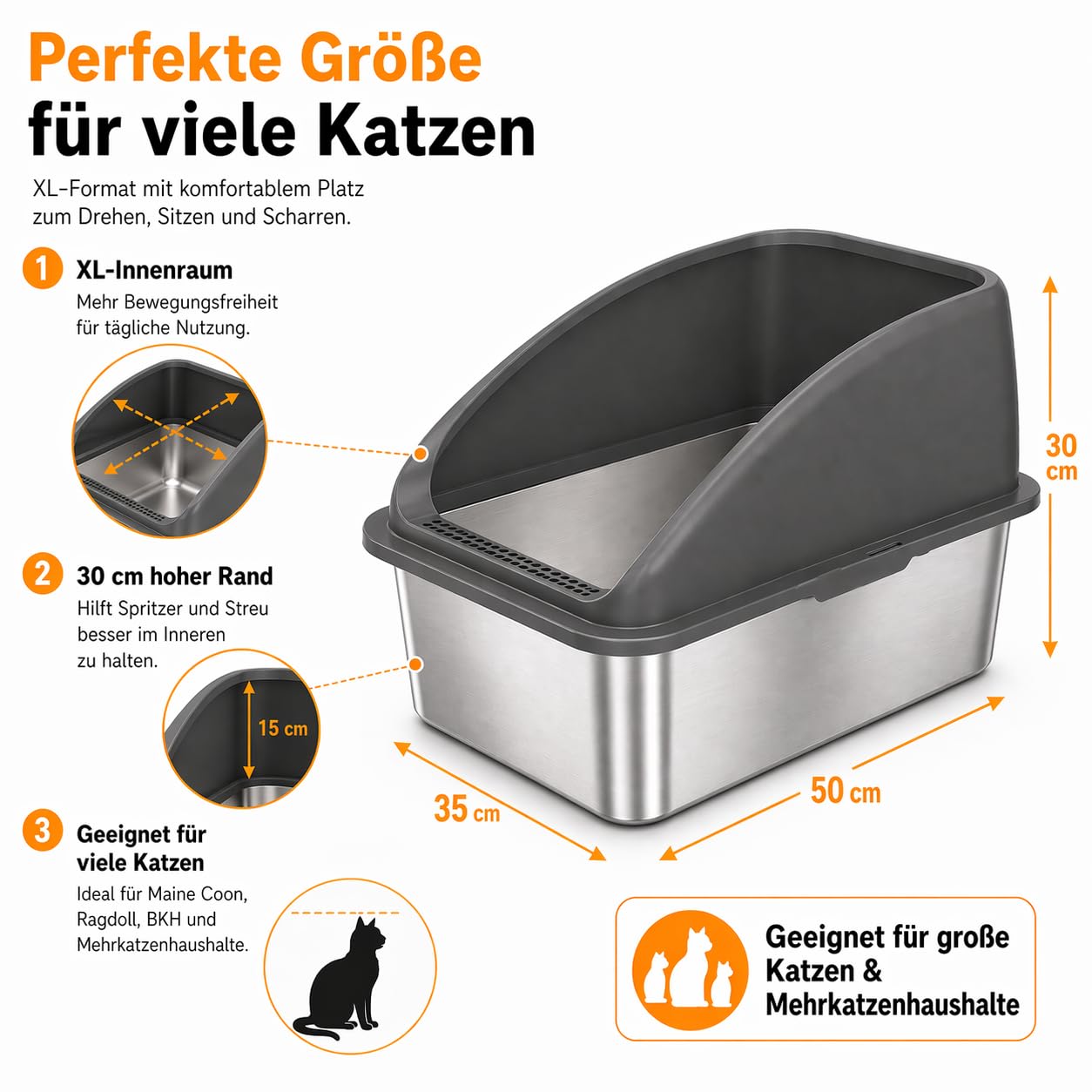 Inodoro para gatos de acero inoxidable para gatos grandes, 50 x 35 cm, color negro