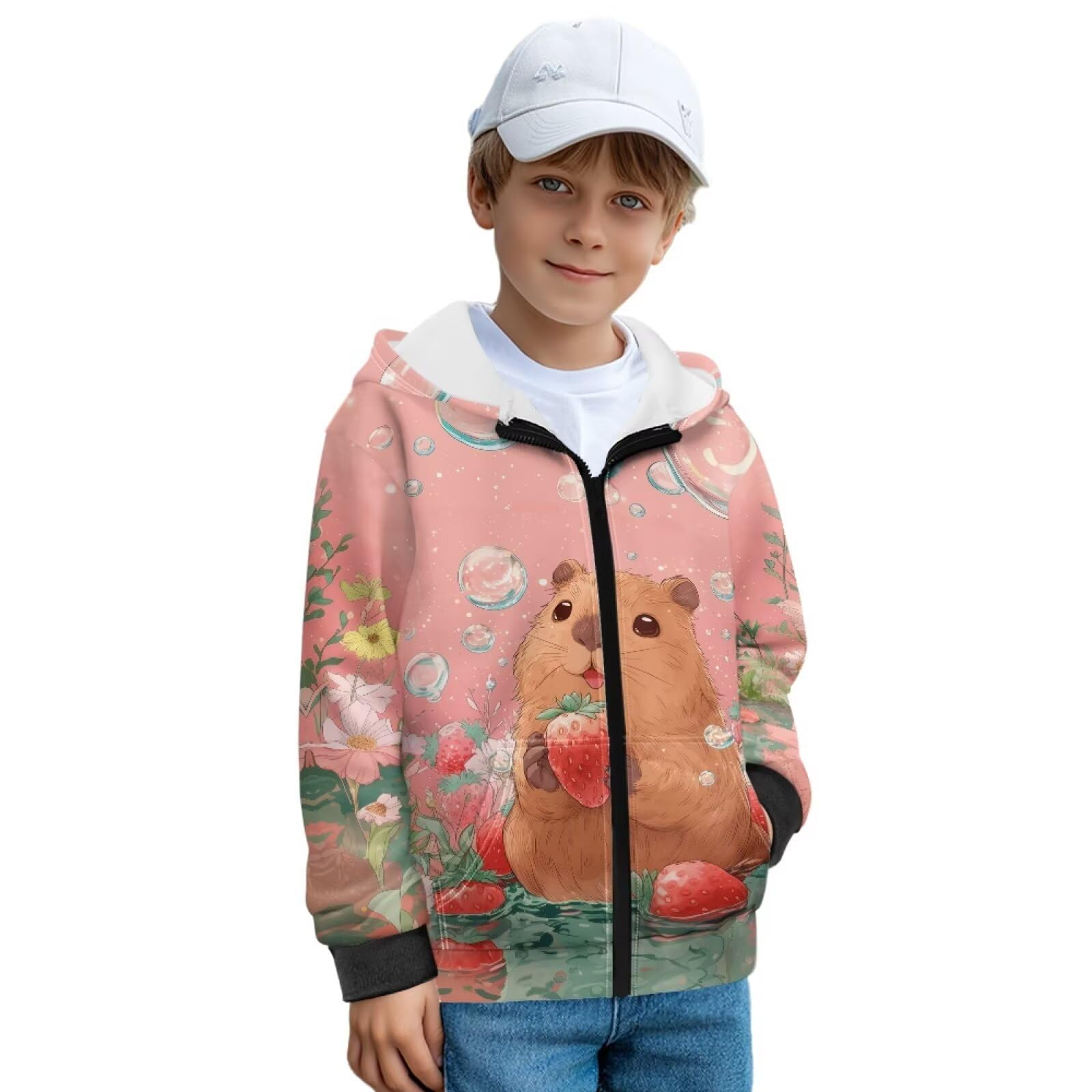 Kwiatowe bluzy z kapturem Caoybara z nadrukiem truskawkowym dla dzieci zamek błyskawiczny przednia bluza jesienno-zimowa kurtka z kieszeniami polarowa podszewka bluza z kapturem, M