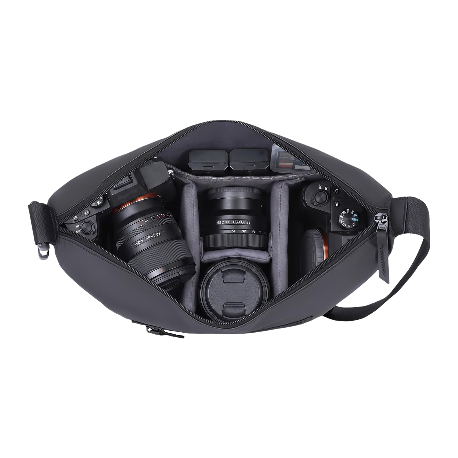 Borsa a tracolla per fotocamera, in nylon, con scomparti divisori, colore nero | Divisorio interno flessibile: divisori rimovibili per obiettivi della fotocamera, accessori e oggetti personali
