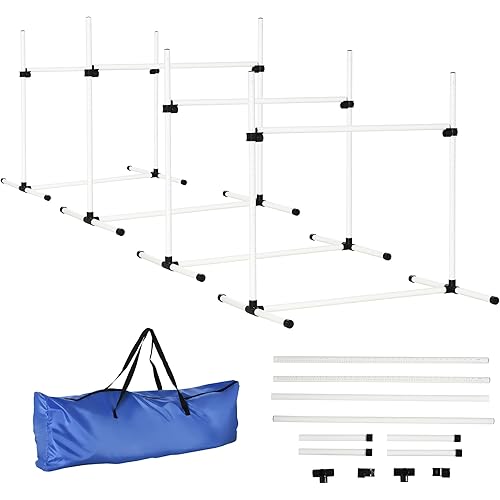 PawHut 4 Piece Dog Agility Training Equipment for Dog Agility Course with Adjustable Height Jump Bars, Included Carry Bag, & Displacing Top Bar, White