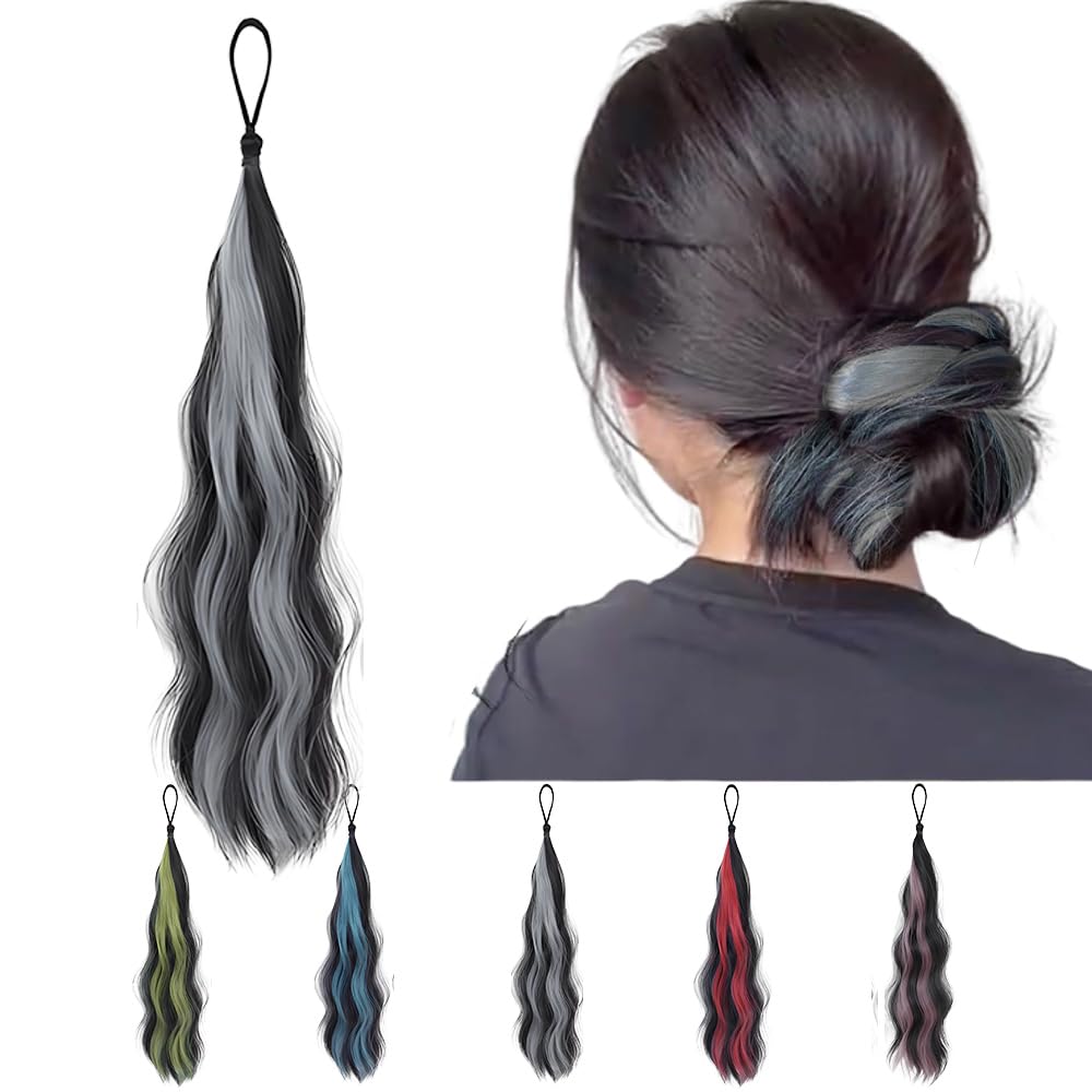 Ouliget Faux Wig Ponytail Elastic Rope Rings,Long Wavy Ponytail Highlights Extension Elastic Hair Band Holders for Women Party Daily Costumes Used,