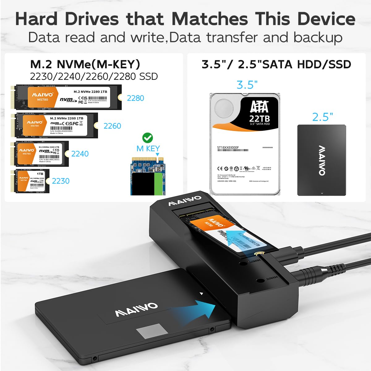 MAIWO M.2 NVMe a 2,5 '' 3,5 '' Offline Clone Enclosure, M.2 a SATA SSD HDD Cloner, USB-C Type-C Max 10Gbps Standalone Clone Duplicator