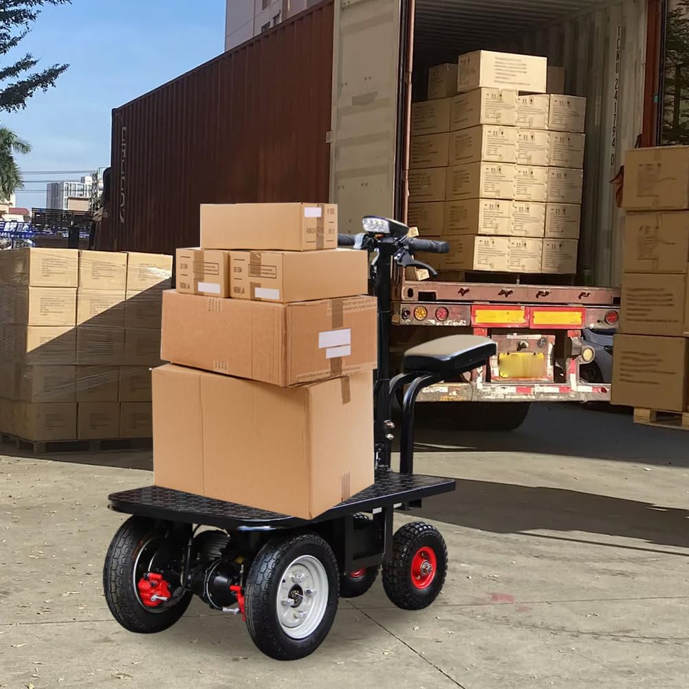 Carrello elettrico per camion con piattaforma, carrello mobile resistente con ruote e sedile per trasporto bagagli e carichi, design piatto per un facile carico e manovrabilità