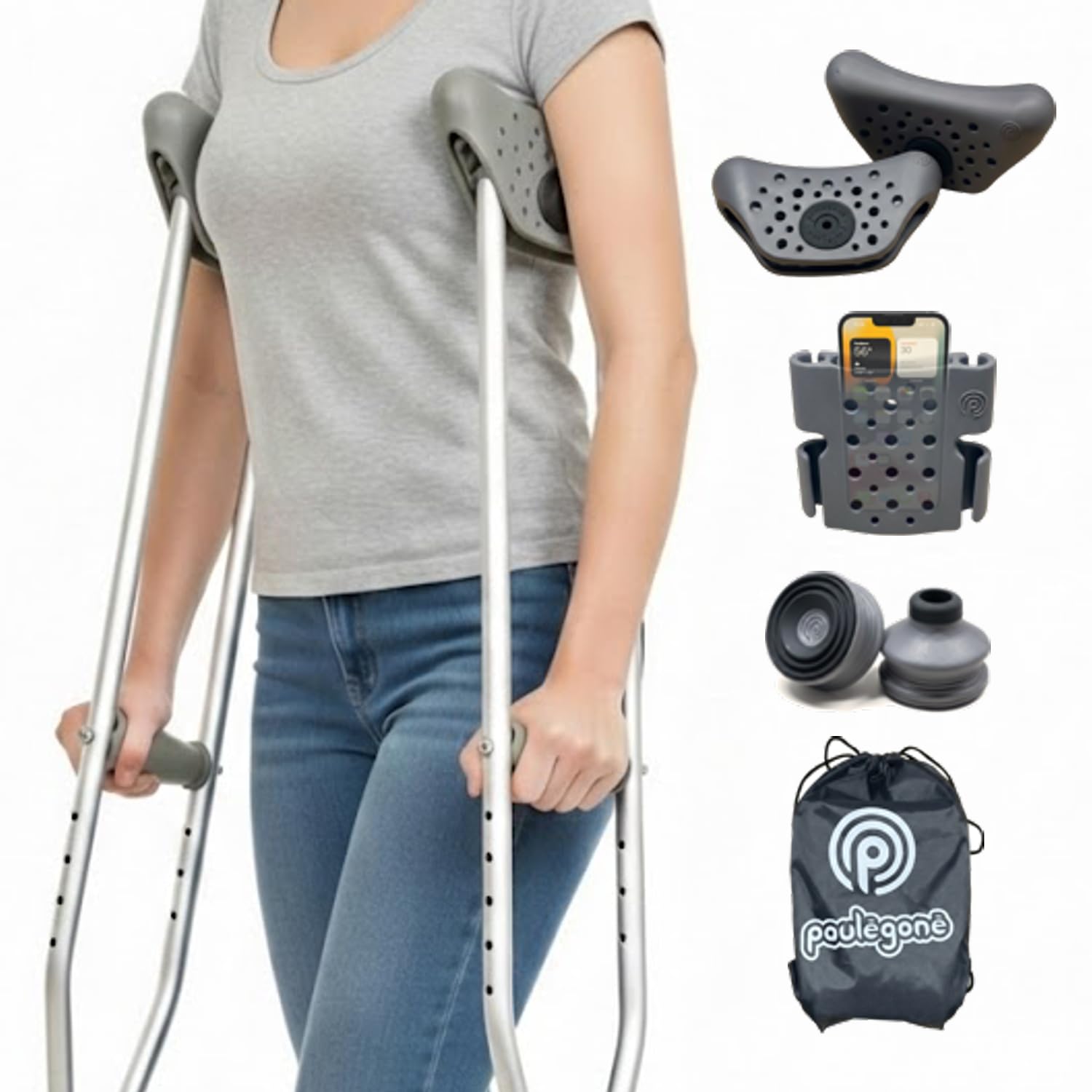 Photo 1 of SoftCrutch Crutches Accessories Kit – Shock-Absorbing Tips & Anti-Chafing Armpit Pads – Reduces Wrist Pain & Underarm Discomfort – Phone Pouch Included