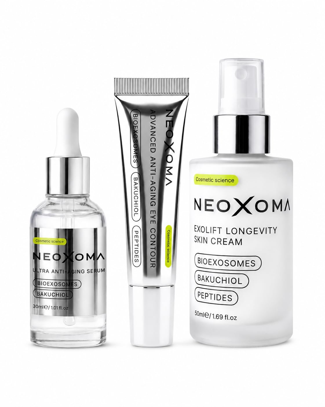 Pack Completo Exosomas Cuidado Facial | Serum + Crema Hidratante + Contorno de Ojos | Rutina Facial con Bioexosomas y Bakuchiol | Luminosidad, Firmeza y Piel Uniforme