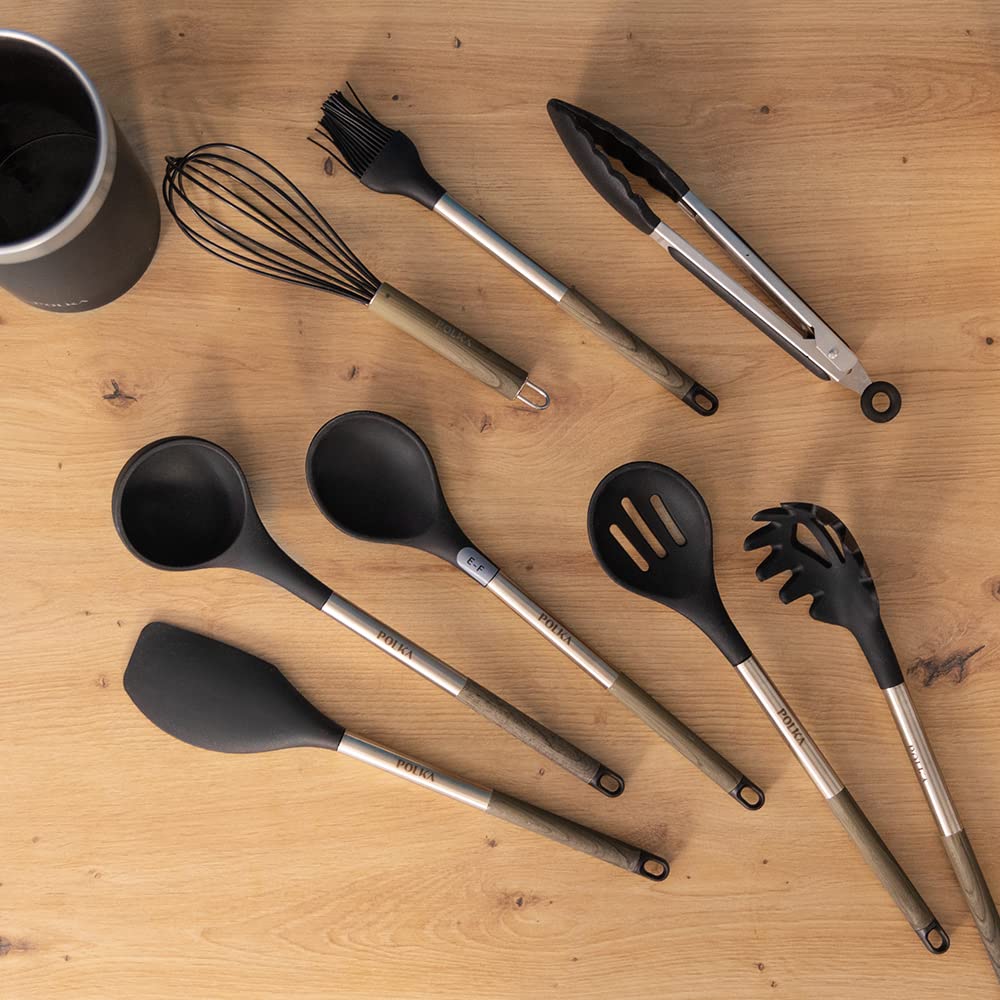 Cecotec Set da 9 pezzi Nero, rivestimento Soft touch e manico effetto legno. Materiali: Silicone, Nylon e PP, Include Holder Polka