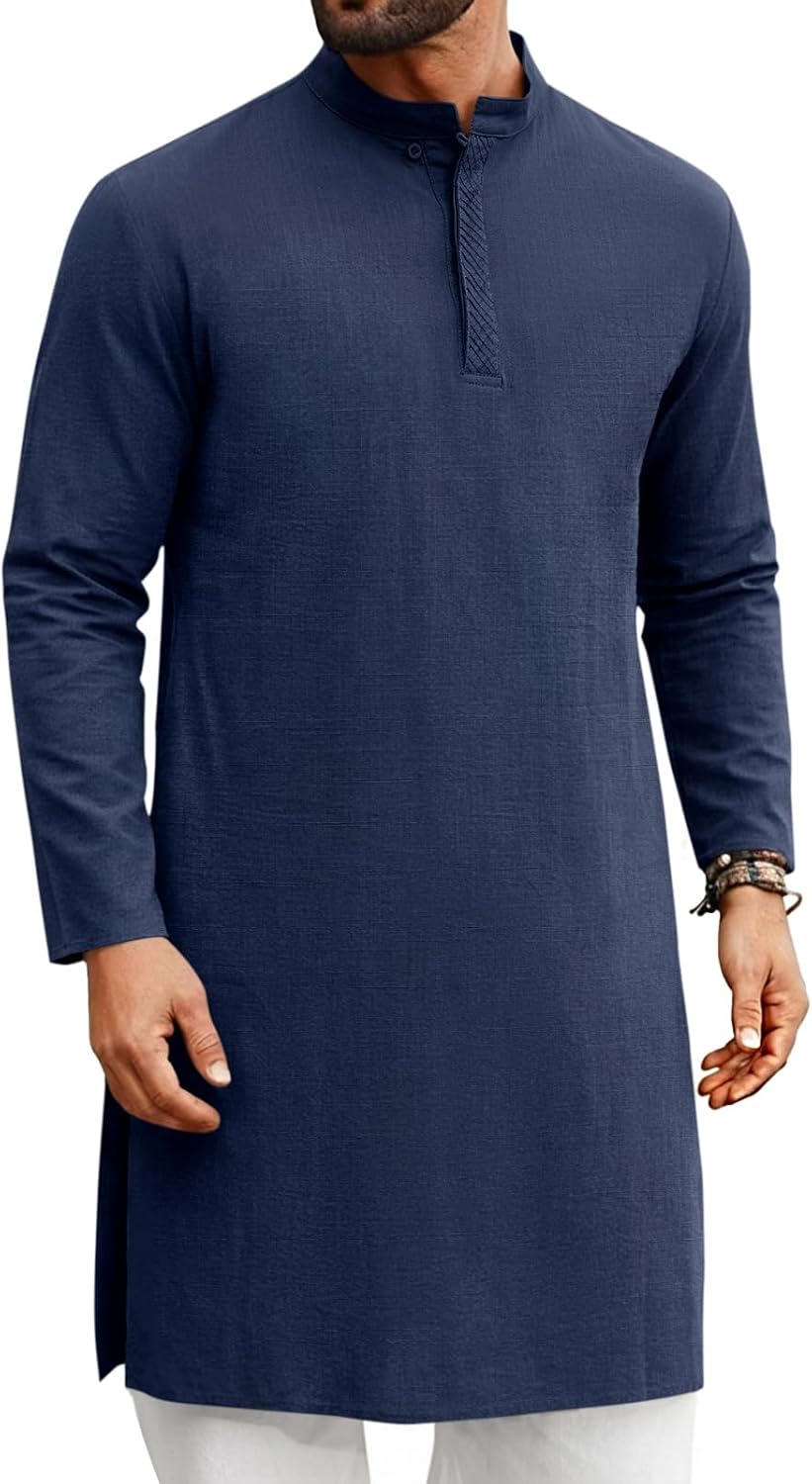 Runcati Mens Kaftan Thobe Long Sleeve Casual Henley Shirts Button Down Kurta Cotton Linen Muslim Gown Robe