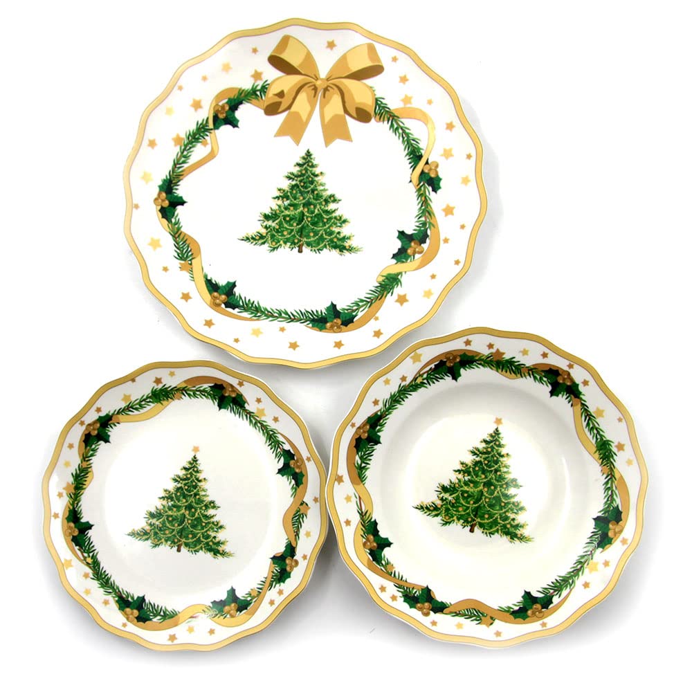 Service de vaisselle de Noël doré pour 6 places (18 pièces) en porcelaine brillante - Convient au lave-vaisselle et au four - Gold Christmas