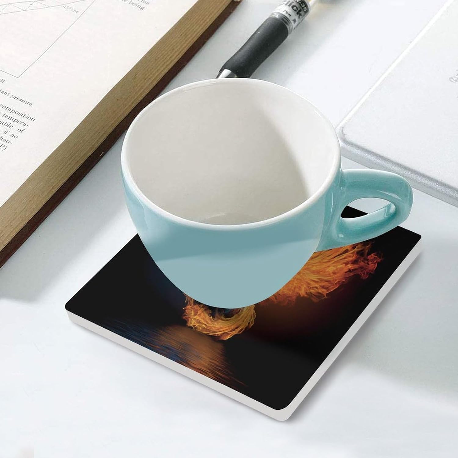 Water Ice and Fire Rising Phoenixsbird Coaster for Drinks Square Ceramic Table Coasters Stone Mat Crafts 6PCS Home Kitchen Decor