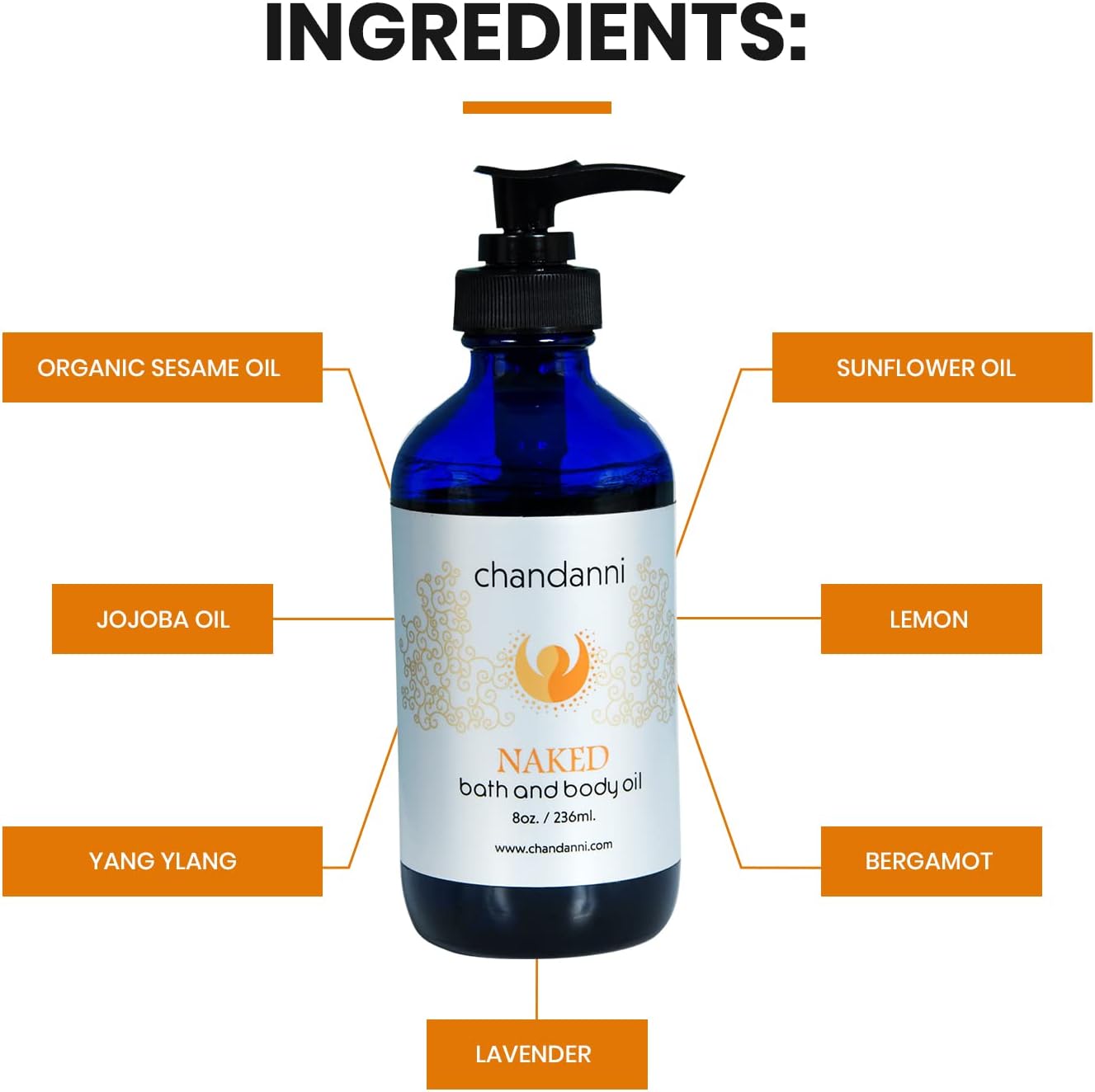 Chandanni Organic Naked Body Massage Oil & Bath Oil (8oz/236ml) - Sesame, Sunflower, Jojoba, Ylang Ylang - Moisturizing, Non-Greasy, Vegan & Cruelty-Free - Adults, Unisex