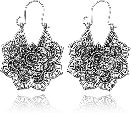 Miniatura 2 de DOUBNINE Pendientes gitanos étnicos de flores antiguas cuelgan pendientes retro estilo vintage boda nupcial joyería bohemia (plata), Zinc, No es una
