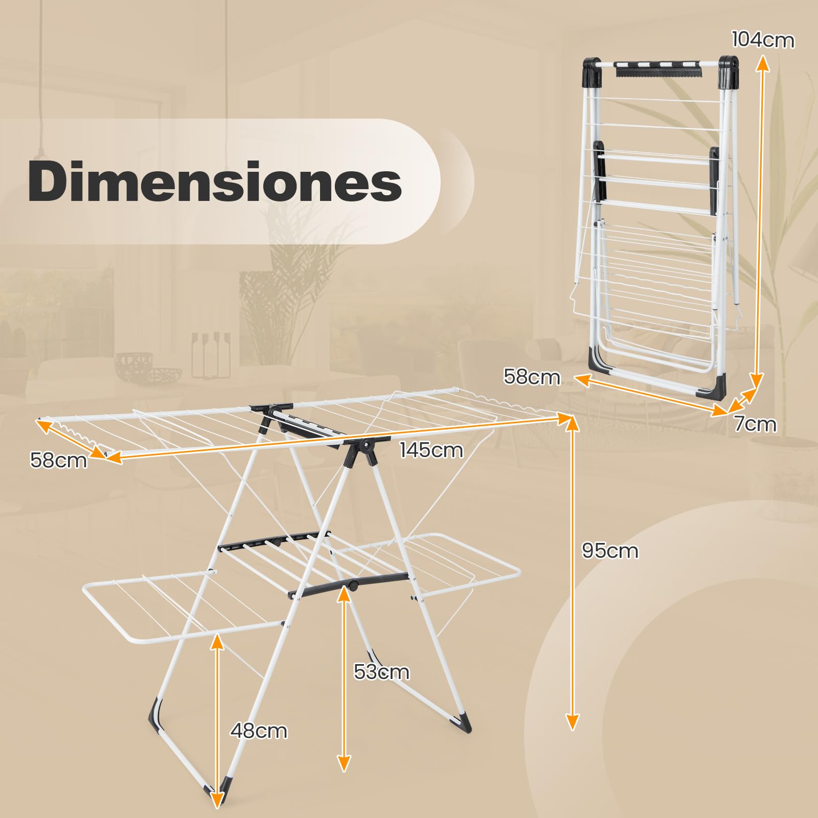 COSTWAY Tendedero de Ropa Plegable de 2 Niveles, Tendedero con Alas Ajustables en Altura, 33 Rieles de Secado y Clips para Calcetines, Soporte para Ropa Independiente para Uso Interior y Exterior