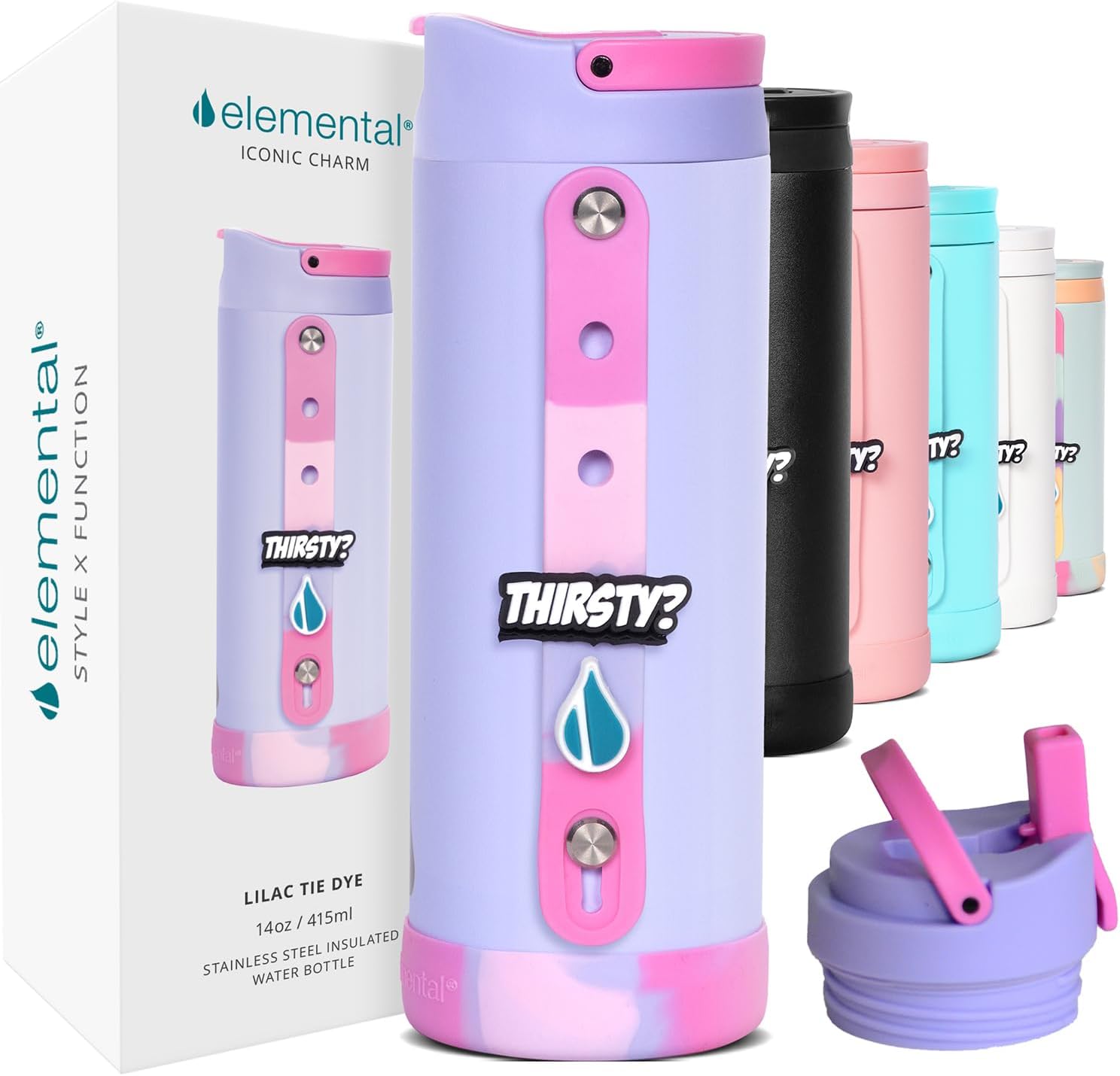 Elemental Iconic Kids Water Bottle with Straw Lid & Charms Strap, Leak-Proof When Closed, Triple Insulated Stainless Steel Reusable Water Bottle - 14oz, Rose