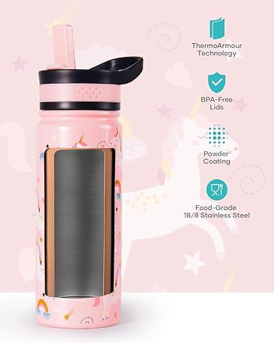 Miniatura 7 de BUZIO Botella de agua para niños de 18 onzas con 2 tapas de popote Tritan, botella de agua aislada al vacío, vaso de boca ancha de acero inoxidable