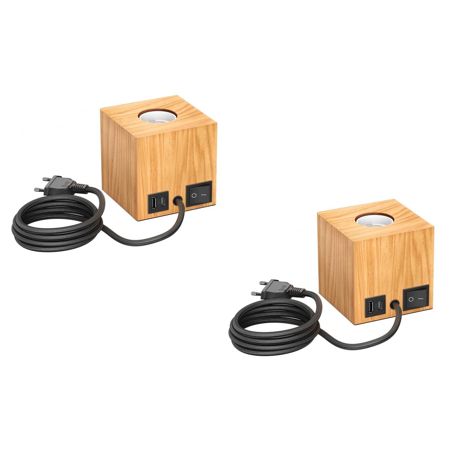 ledscom.de 2 lampade da tavolo HITO, interruttore, USB, legno vero (albero della gomma), quadrate, marrone chiaro, 1x E27 max. 60W