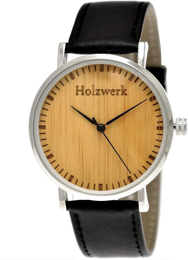 Hand Made Flat Wood Working Germany® Designer Unisex Men's Women's Watch Organic Natural Wood Watch Strap – Classic Analog Quartz Watch with Leather Band and Wooden Dial Black Silver