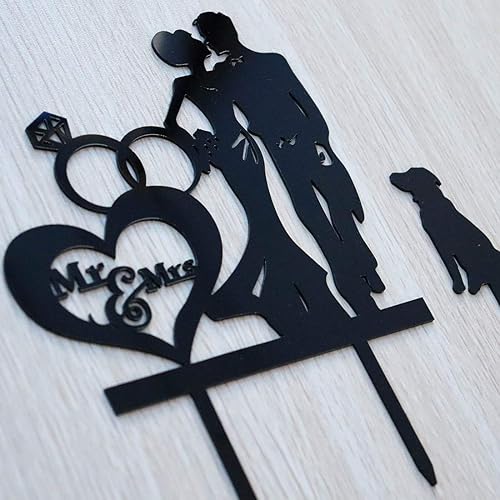 Miniatura 2 de Anillo de diamantes para boda, pareja de besos, diseño de corazón y madre, decoración para tartas, novia y novio con silueta de perro, acrílico negro