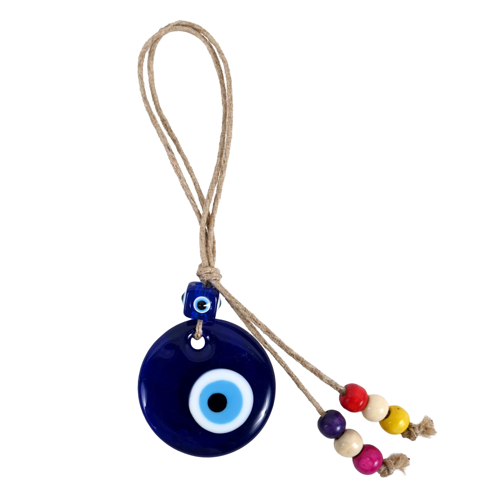 Handmade Turkish Evil Eye Blue Glass Hanging for Good Luck Prosperity Zodiac Success Health Wealth Office Home Decor & Car (Jute String with Multi Color Beads) (JUGL-1020)