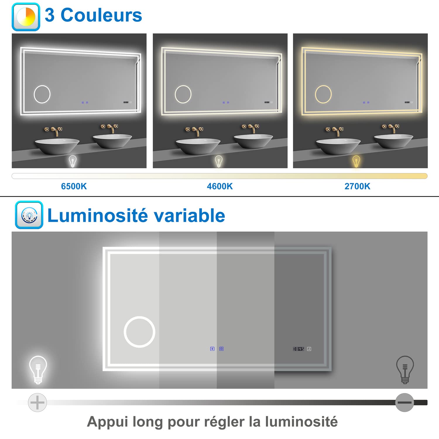 AICA Miroir de Salle de Bain LED avec Bluetooth, Mural Miroir avec Horloge + 3 Couleurs + Dimmable + Anti-buée + Grossissant 3X,Interrupteur Tactile Étanche IP44-80 x 60cm