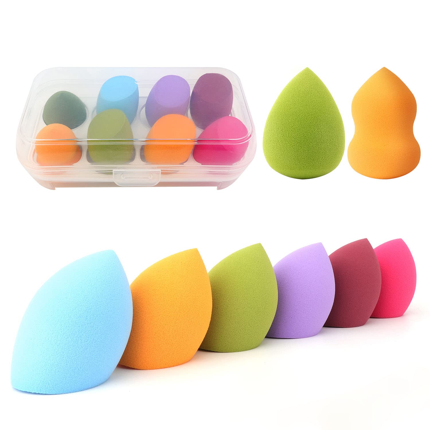Juego de esponjas de maquillaje: mezclador de esponjas de maquillaje de 8 piezas + 1 estante de secado de esponjas de maquillaje, adecuado para corrector de rubor, sombra de ojos, polvo, crema, polvo
