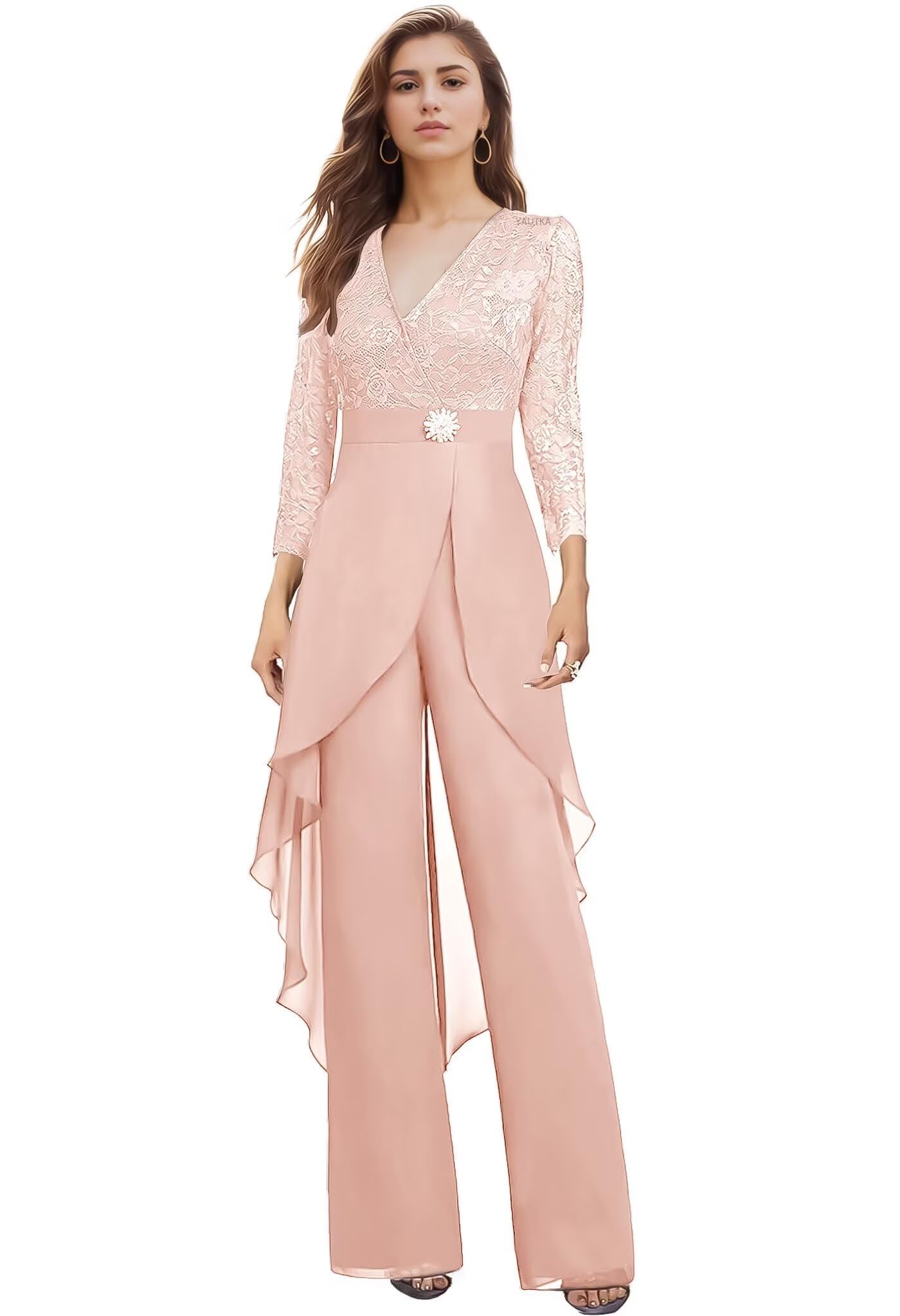 2 Pieces Mother of The Bride Pant Suits for Wedding Long Sleeve Chiffon Lace V Neck Pant Suits