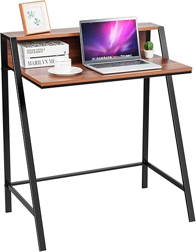 Tangkula Escritorio pequeño para computadora, escritorio compacto para oficina en casa con marco resistente, mesa de estudio de 2 niveles para