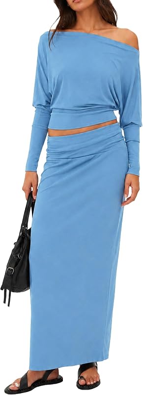 2 Piece Boho Maxi Skirt Set Women Off Shoulder Top Vacation Outfit | Long Sleeve Top with Low Rise Column Skirt, Soft Stretch Matching Set for Beach Vacation and Resort Wear