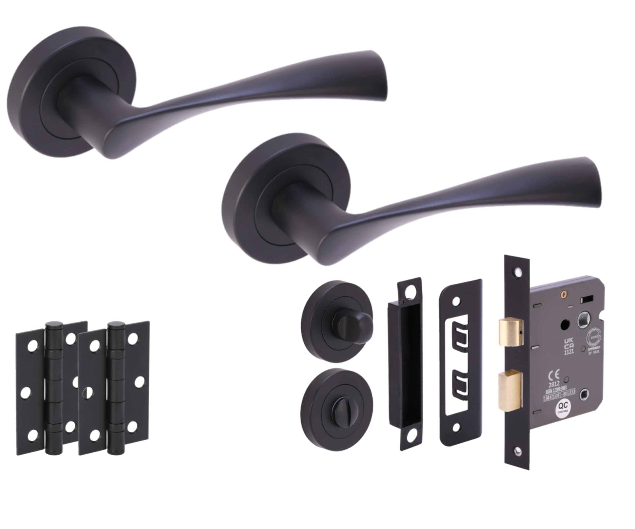 Hunta HANDLEZONE® Zena Door Handles on Rose Bathroom Lock Pack with Ball Bearing Hinges - Black Matt