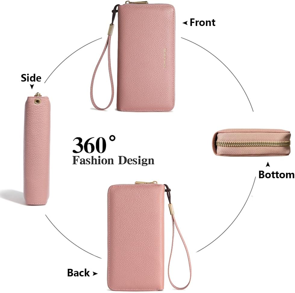 Fashionable long RFID leather women's wallet, large capacity multi slot phone case, zipper closure, detachable wrist strap, hand-held wallet (Pink)