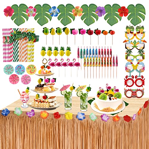 WUGU Hawaii Party Dekoration Set, 103PCS Tropische Party Deko Set, Hawaii Luau Tischröcke, Palmblätter, Ananas Flamingo Regenschirm Obst Stroh 3D-Brillen Kombition für BBQ Tropischen Garten Party