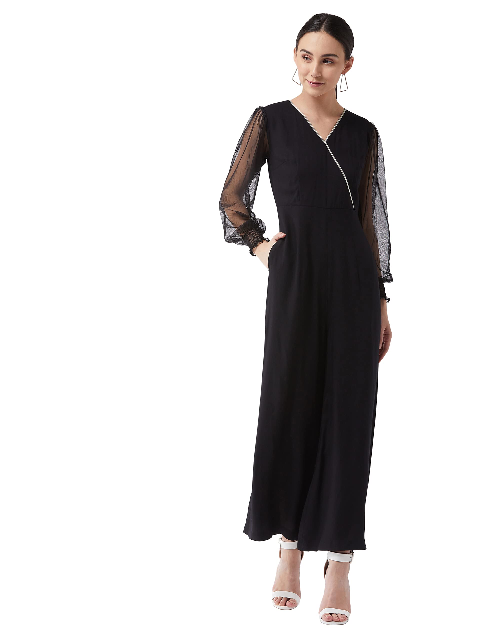 miss chase Women's Black Solid Relaxed Fit Long Sleeve V-Neck Ankle-Length Straight Jumpsuit-picture-27